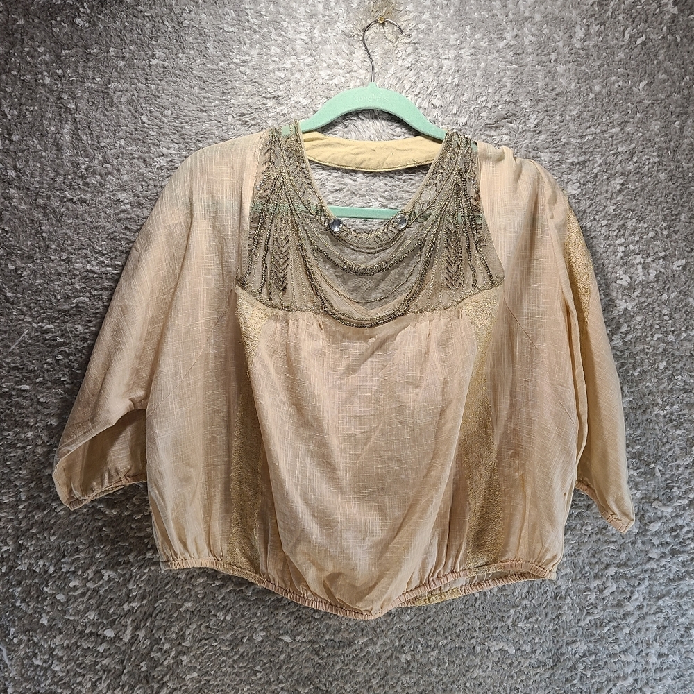 Free People Top Small Womens Beige Sheer Rhinestone Trim Blouse Cotton Boxy READ